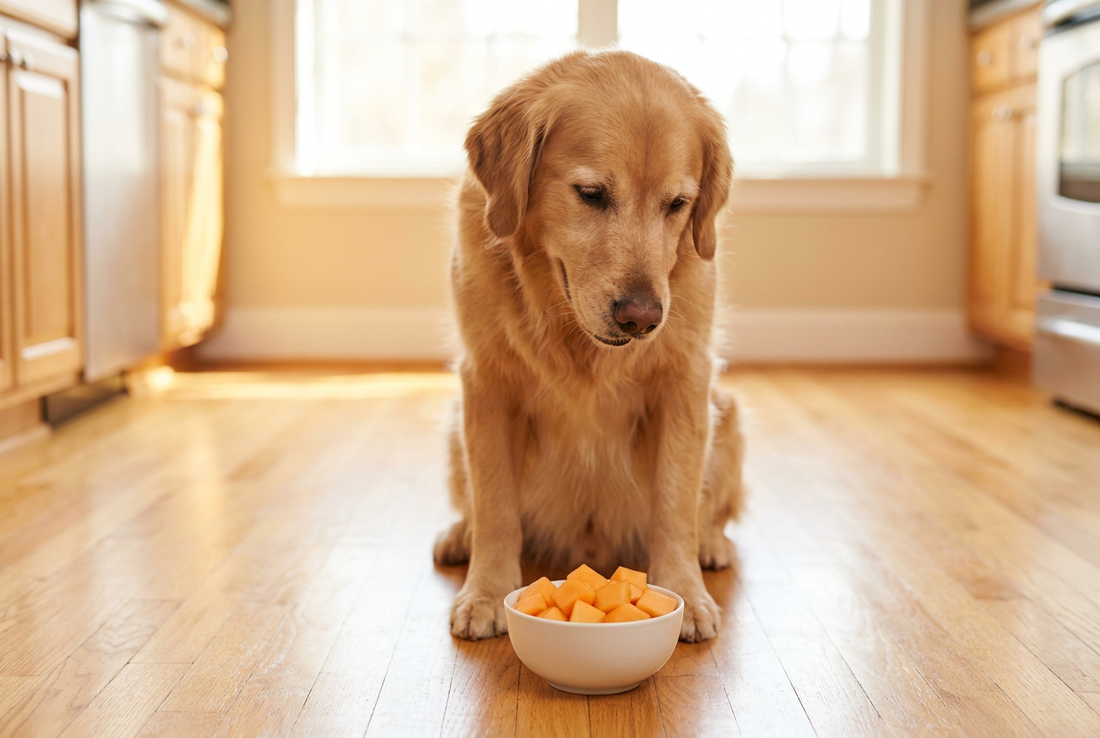 Golden Retriever next to a bowl of cantaloupe cubes in a sunlit kitchen — a sweet hydrating treat with the rind removed