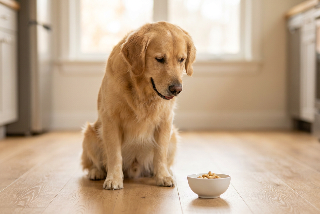 Golden Retriever next to a bowl of plain cashews in a sunlit kitchen — an occasional treat, plain and unsalted only