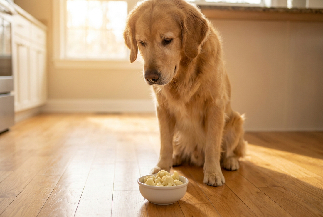 Golden Retriever next to a bowl of cauliflower florets in a sunlit kitchen — safe cooked and plain in small amounts