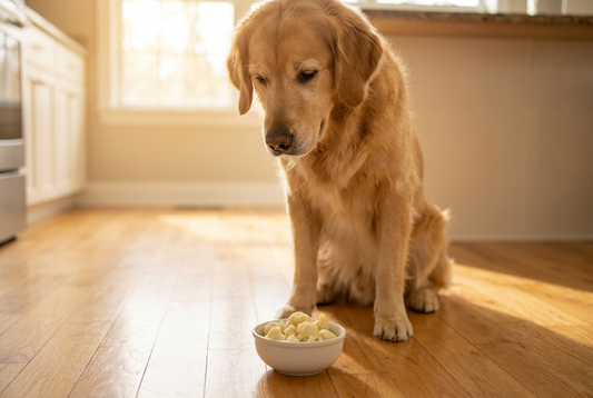 Golden Retriever next to a bowl of cauliflower florets in a sunlit kitchen — safe cooked and plain in small amounts