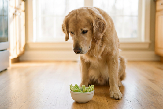 Golden Retriever next to a bowl of celery pieces in a sunlit kitchen — a crunchy low-calorie hydrating treat
