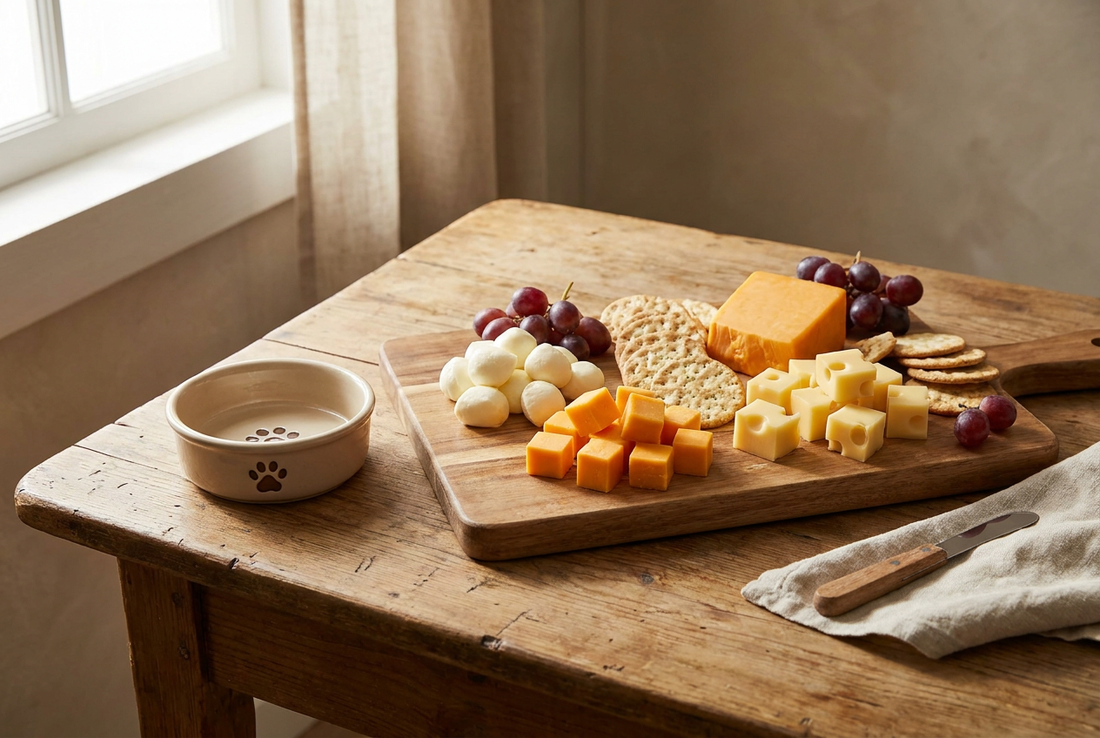 Assorted cheese cubes on a wooden board beside a small ceramic dog bowl — cheese is a safe high-value training treat for most dogs in moderation
