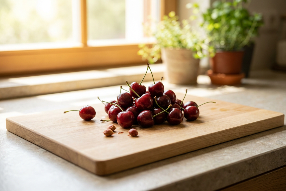 Fresh cherries on a wooden board in natural daylight — cherry pits, stems and leaves are toxic to dogs