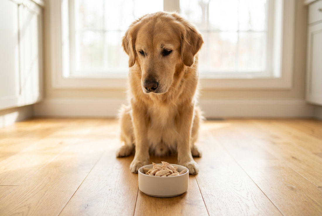 Golden Retriever next to a bowl of cooked chicken breast in a sunlit kitchen — a lean protein source for dogs