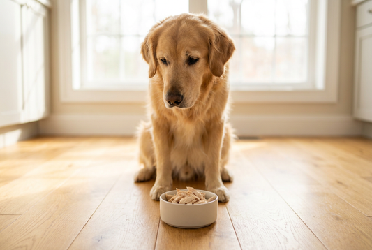 Golden Retriever next to a bowl of cooked chicken breast in a sunlit kitchen — a lean protein source for dogs