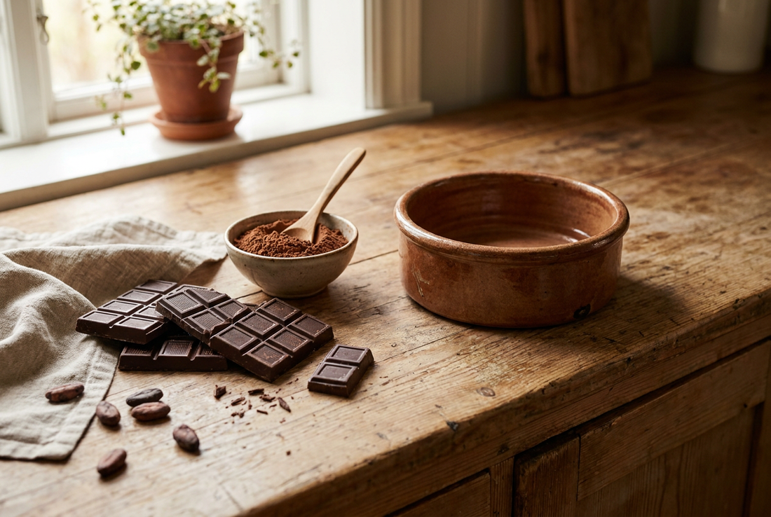Dark chocolate bars displayed with a warning symbol — chocolate is toxic to dogs and should never be fed as a treat