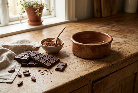 Dark chocolate bars displayed with a warning symbol — chocolate is toxic to dogs and should never be fed as a treat