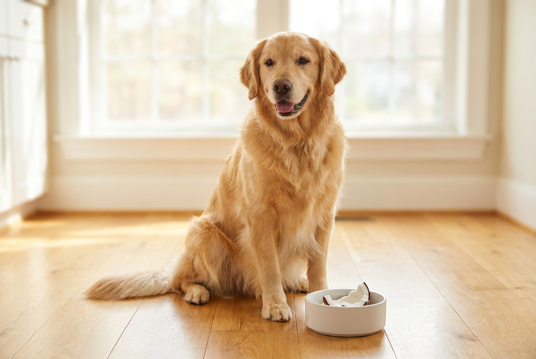 Golden Retriever next to a bowl of coconut flesh in a sunlit kitchen — safe for dogs in small amounts