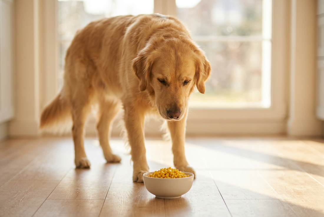 Golden Retriever next to a bowl of plain corn kernels in a sunlit kitchen — safe for dogs off the cob in moderation