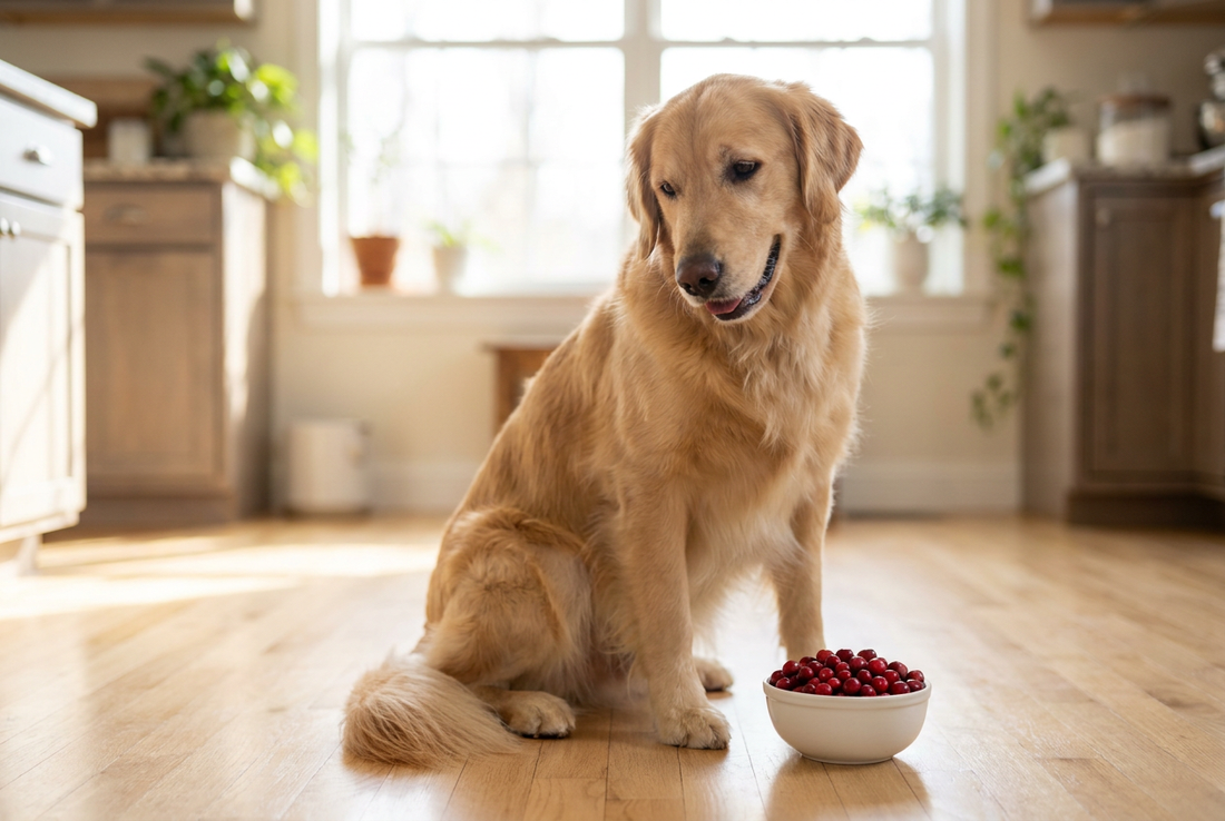 Golden Retriever next to a bowl of fresh cranberries in a sunlit kitchen — safe plain in small amounts