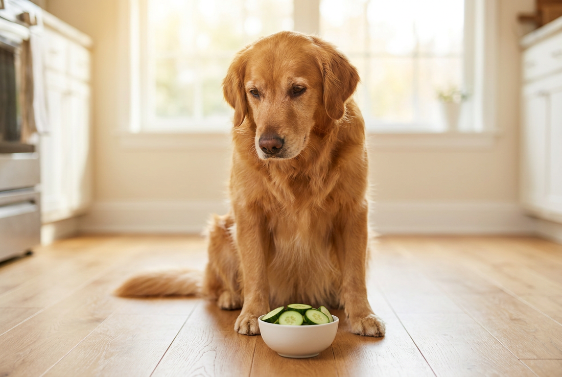 Golden Retriever next to a bowl of cucumber slices in a sunlit kitchen — a low-calorie hydrating treat for dogs