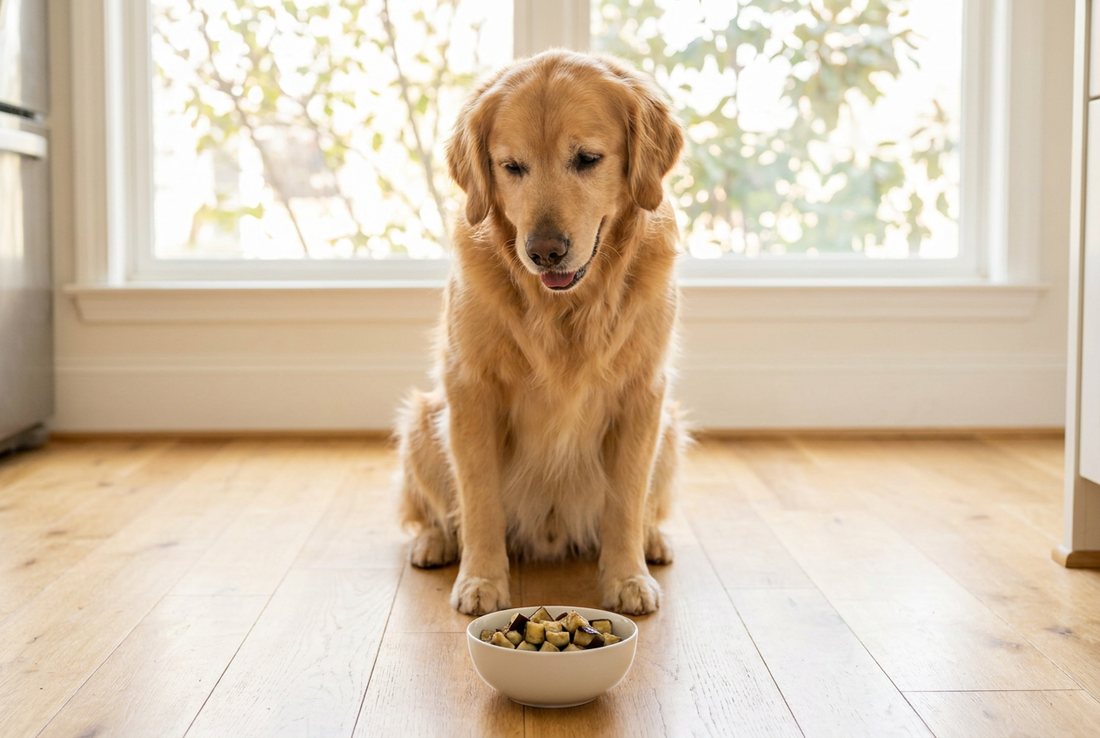 Golden Retriever next to a bowl of plain cooked eggplant in a sunlit kitchen — safe for most dogs in small, cooked portions