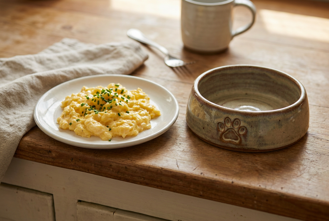 Cooked scrambled eggs on a small plate beside a ceramic dog bowl on a wooden kitchen counter — cooked eggs are a safe and nutrient-dense food for dogs