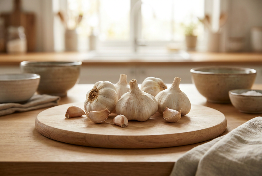 Garlic bulbs and cloves on a wooden board in natural daylight — garlic is toxic to dogs and should never be fed