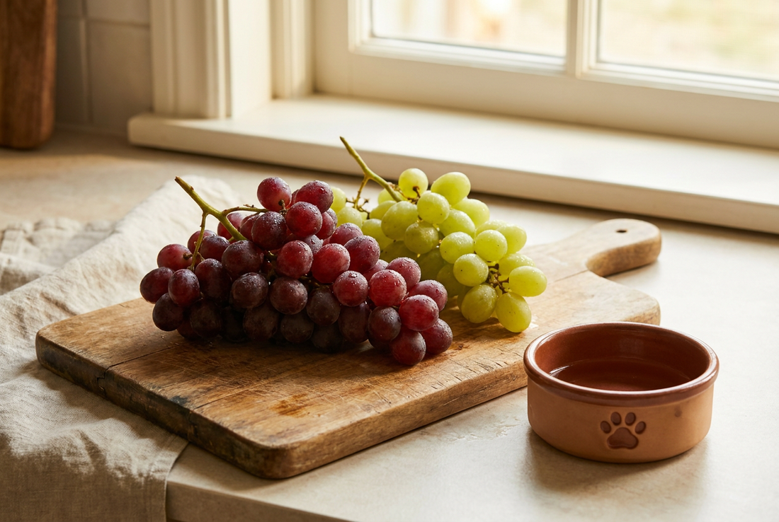 Bunches of fresh red and green grapes — grapes are toxic to dogs and should never be fed as a treat
