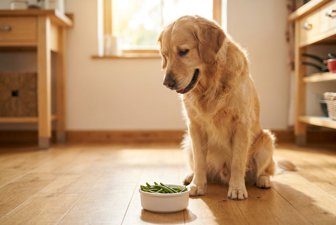 Golden Retriever next to a bowl of green beans in a sunlit kitchen — a low-calorie fiber-rich treat for dogs