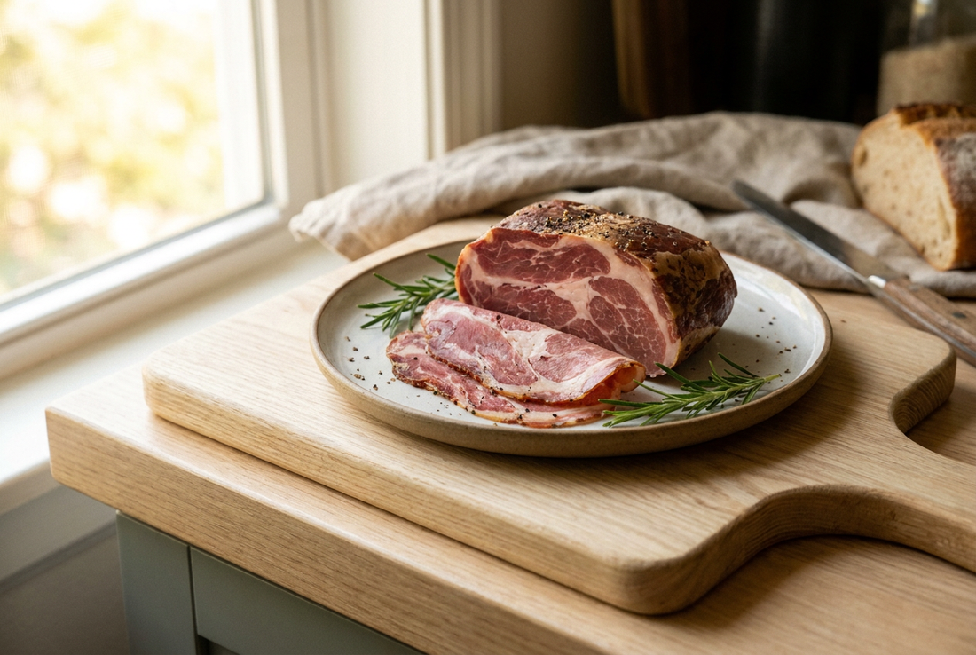 Sliced ham on a wooden board in natural daylight — too high in salt and fat for dogs
