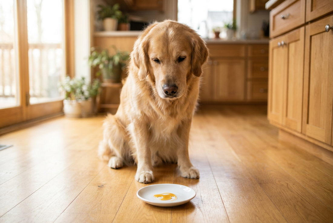 Golden Retriever next to a bowl of a little honey in a sunlit kitchen — safe for healthy adult dogs in tiny amounts