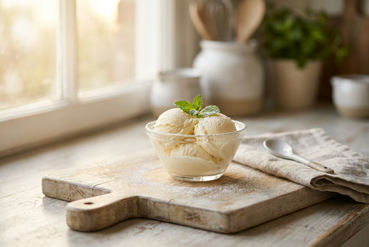 Vanilla ice cream on a wooden board in natural daylight — not recommended for dogs — sugar and lactose