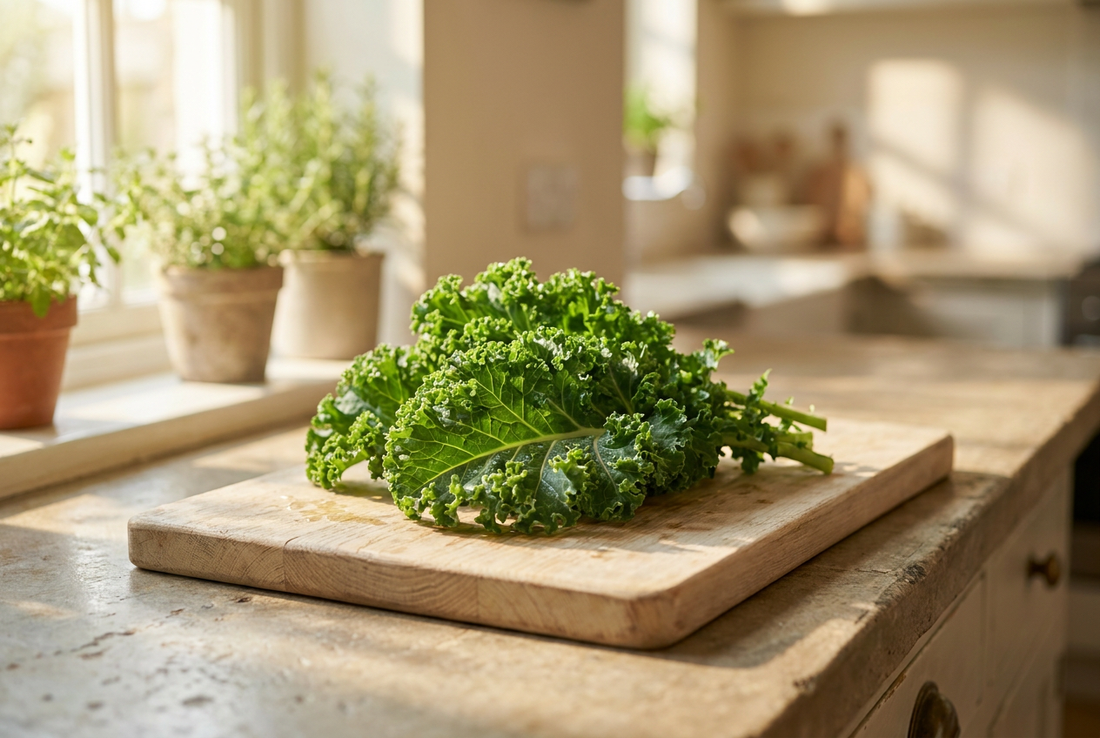 Fresh kale on a wooden board in natural daylight — only small occasional amounts for dogs