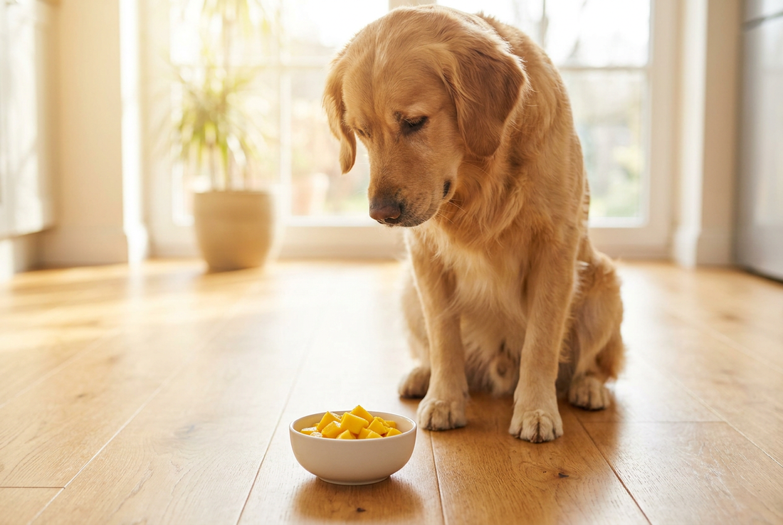 Golden Retriever next to a bowl of mango chunks in a sunlit kitchen — a sweet vitamin-rich treat when peeled and pitted