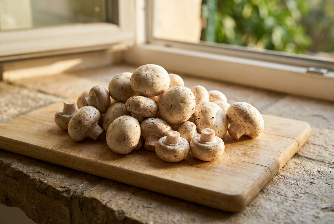 White button mushrooms on a wooden board in natural daylight — only plain store-bought mushrooms are safe; never wild
