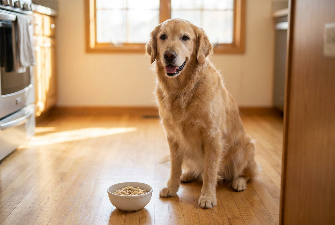 Golden Retriever next to a bowl of plain oatmeal in a sunlit kitchen — a gentle fiber-rich treat cooked with water