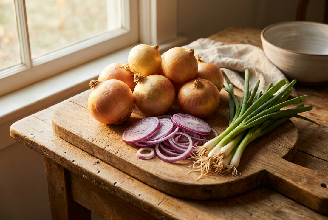 Whole and sliced raw onions on a wooden cutting board — onions and all Allium-family plants are toxic to dogs