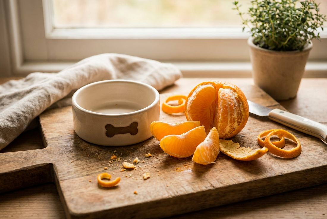 Fresh peeled orange segments on a wooden cutting board beside a small ceramic dog bowl — peeled orange flesh is safe for dogs in small amounts