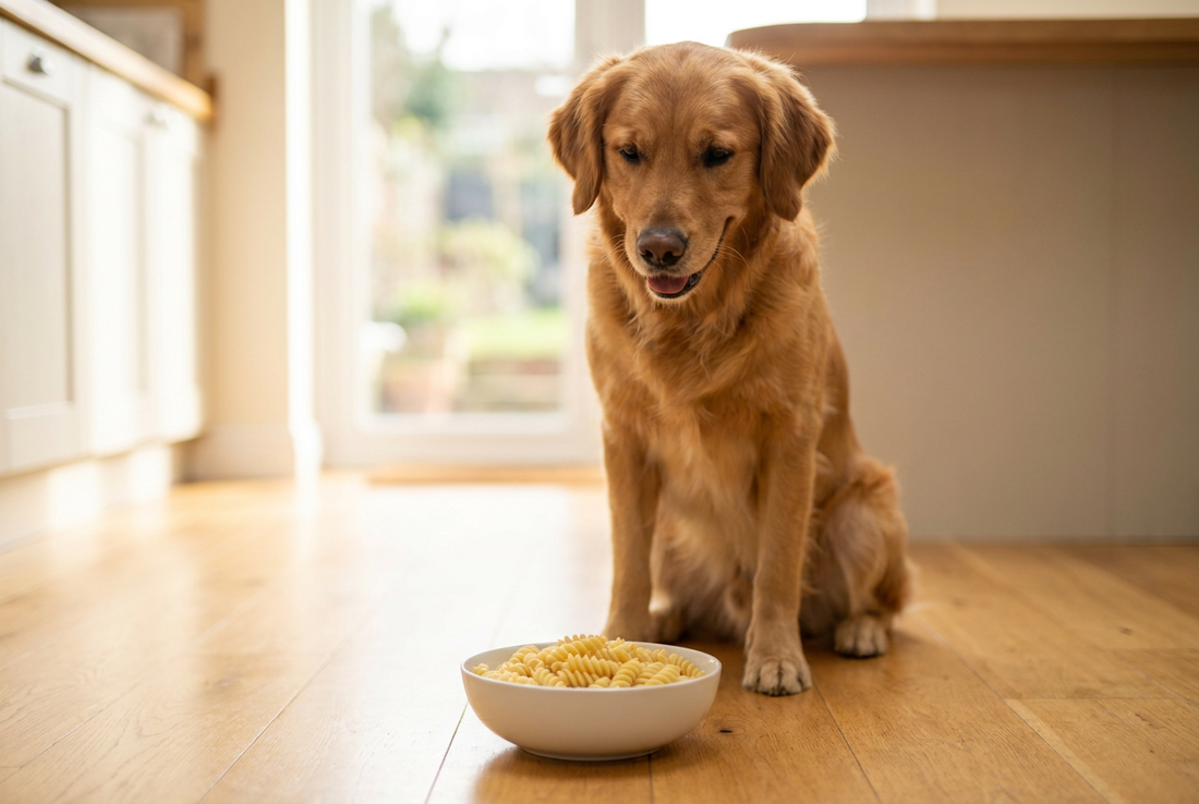 Golden Retriever next to a bowl of plain pasta in a sunlit kitchen — safe plain in small amounts