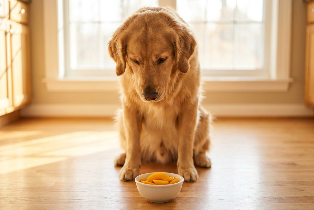Golden Retriever next to a bowl of peach slices in a sunlit kitchen — safe for dogs with the pit removed