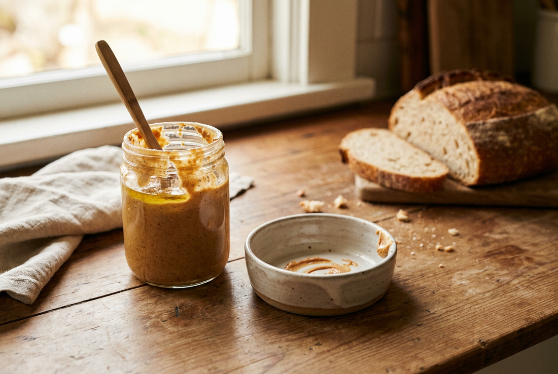 An open jar of natural peanut butter beside a small ceramic dog bowl on a wooden kitchen counter — plain peanut butter is safe for dogs when xylitol-free