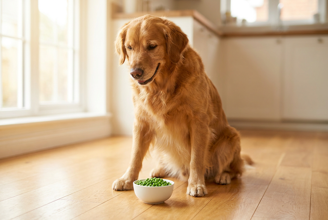 Golden Retriever next to a bowl of green peas in a sunlit kitchen — safe for dogs in moderation, fresh or frozen