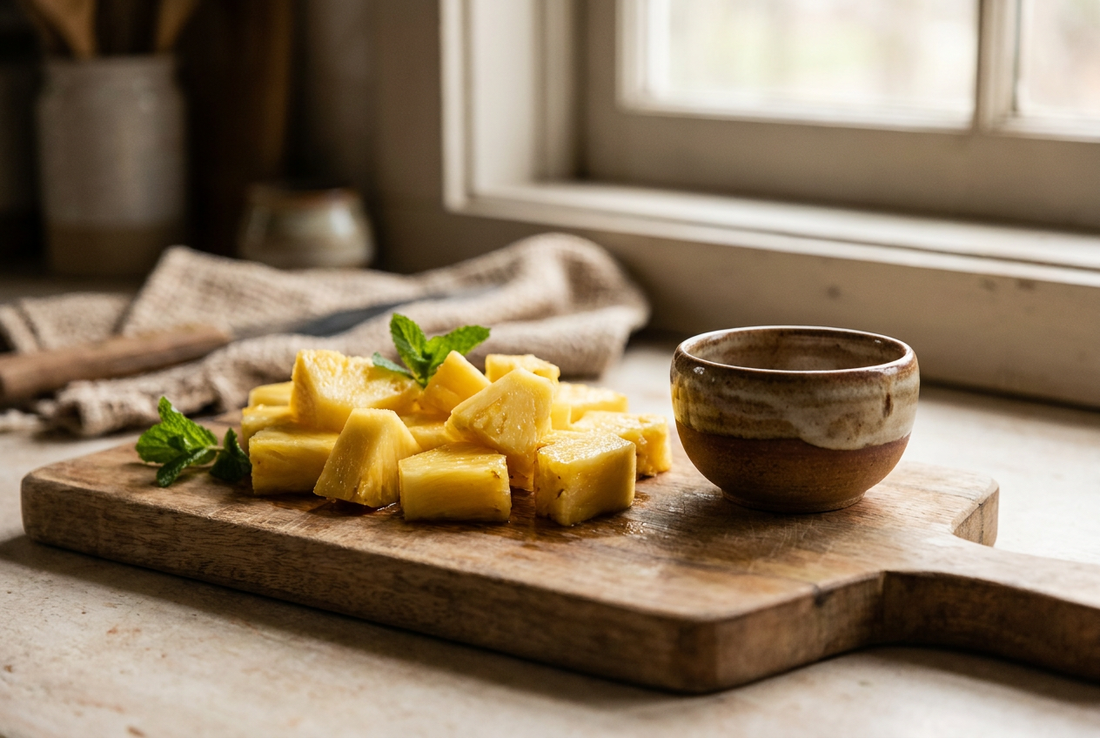 Fresh sliced ripe pineapple on a wooden cutting board beside a small ceramic dog bowl — fresh pineapple is safe for dogs in small amounts