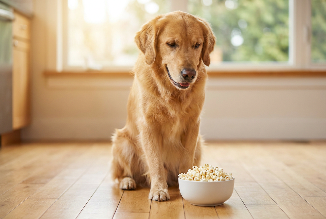 Golden Retriever next to a bowl of plain popcorn in a sunlit kitchen — an occasional plain, air-popped treat