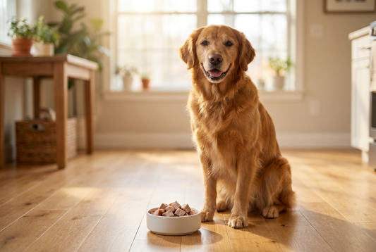 Golden Retriever next to a bowl of cooked pork in a sunlit kitchen — safe fully cooked, plain and unseasoned