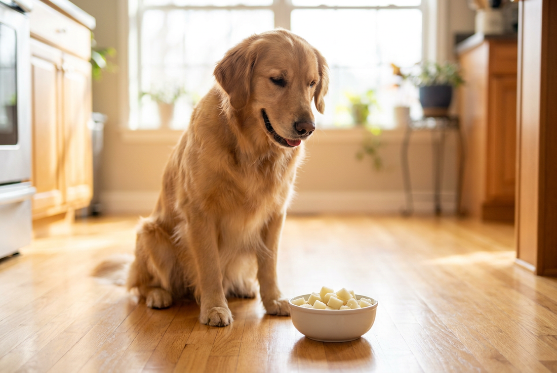 Golden Retriever next to a bowl of cooked potato in a sunlit kitchen — safe cooked and plain, never raw or green