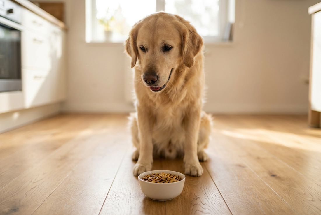 Golden Retriever next to a bowl of pumpkin seeds in a sunlit kitchen — plain unsalted seeds as an occasional treat