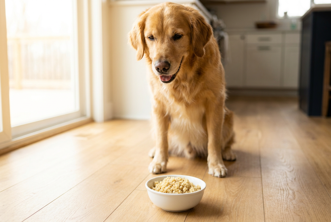 Golden Retriever next to a bowl of cooked quinoa in a sunlit kitchen — quinoa is safe for dogs in moderation