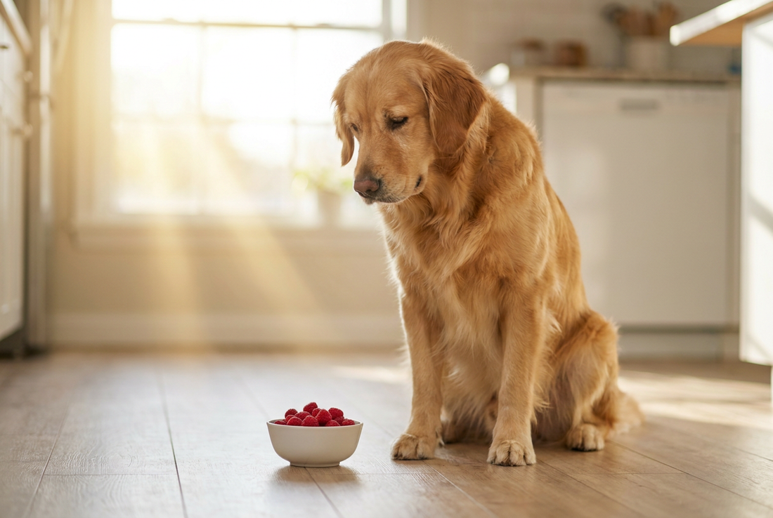Golden Retriever next to a bowl of fresh raspberries in a sunlit kitchen — a low-sugar antioxidant-rich treat in moderation