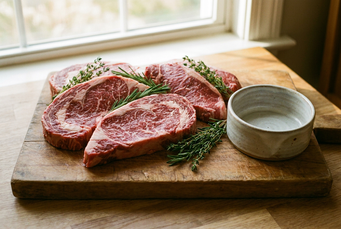 Raw beef cuts on a wooden cutting board beside a small ceramic dog bowl — raw meat feeding is controversial and carries documented bacterial risks