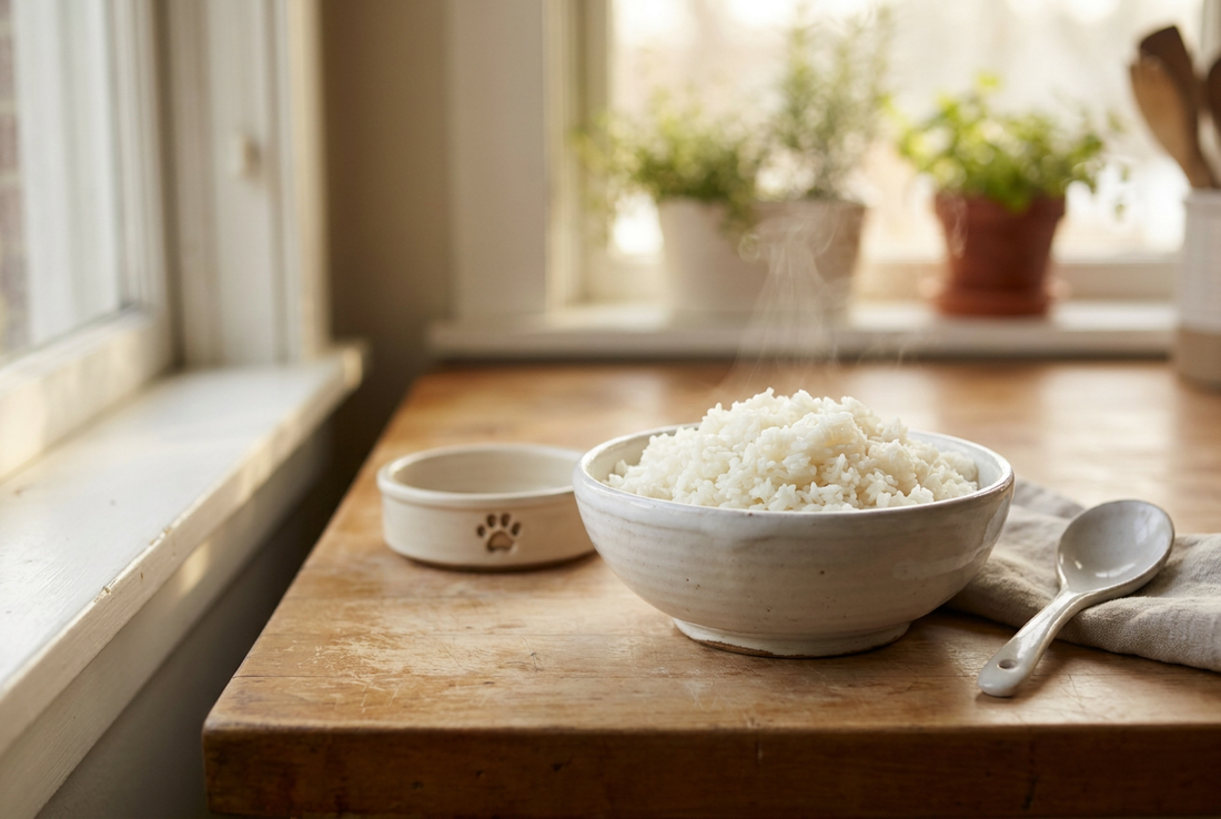 Cooked plain white rice in a small bowl on a wooden kitchen counter — plain rice is a veterinary bland-diet staple for dogs