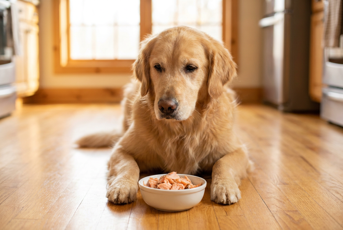 Golden Retriever next to a bowl of cooked salmon in a sunlit kitchen — rich in omega-3 fatty acids for dogs' skin and coat
