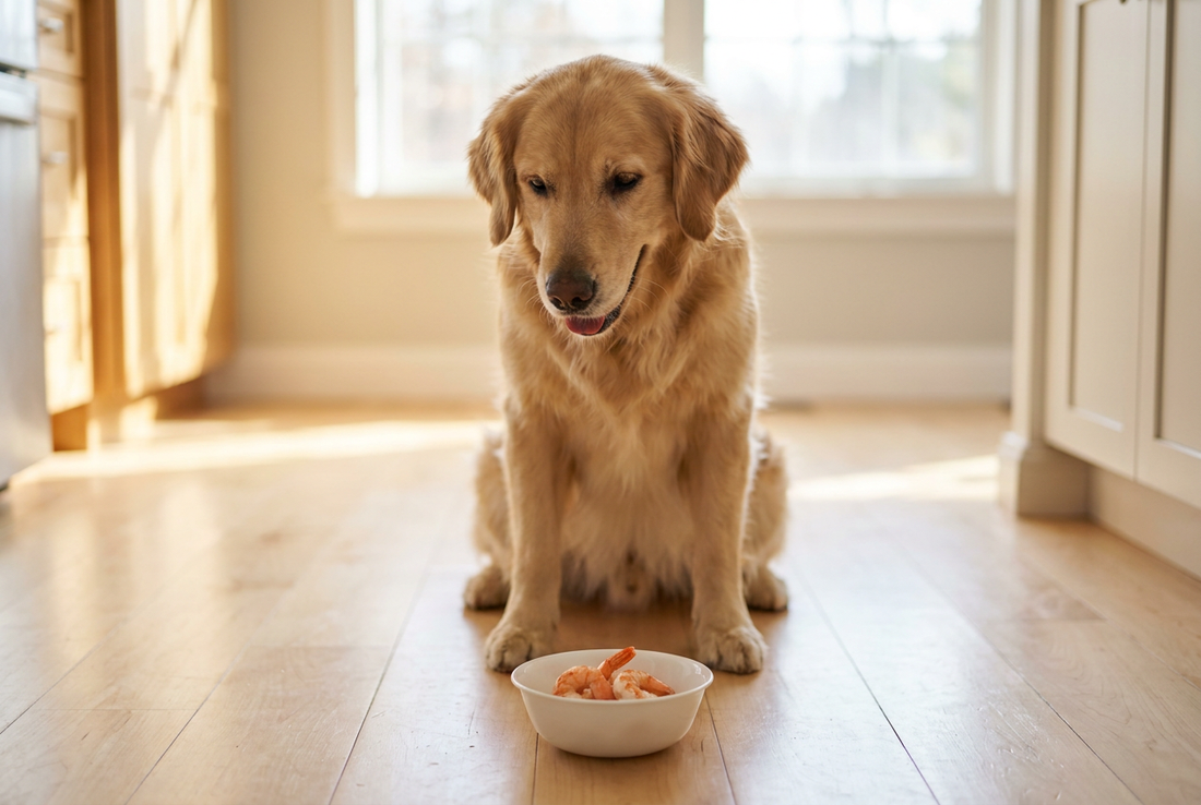 Golden Retriever next to a bowl of cooked shrimp in a sunlit kitchen — safe for dogs cooked and plain in moderation