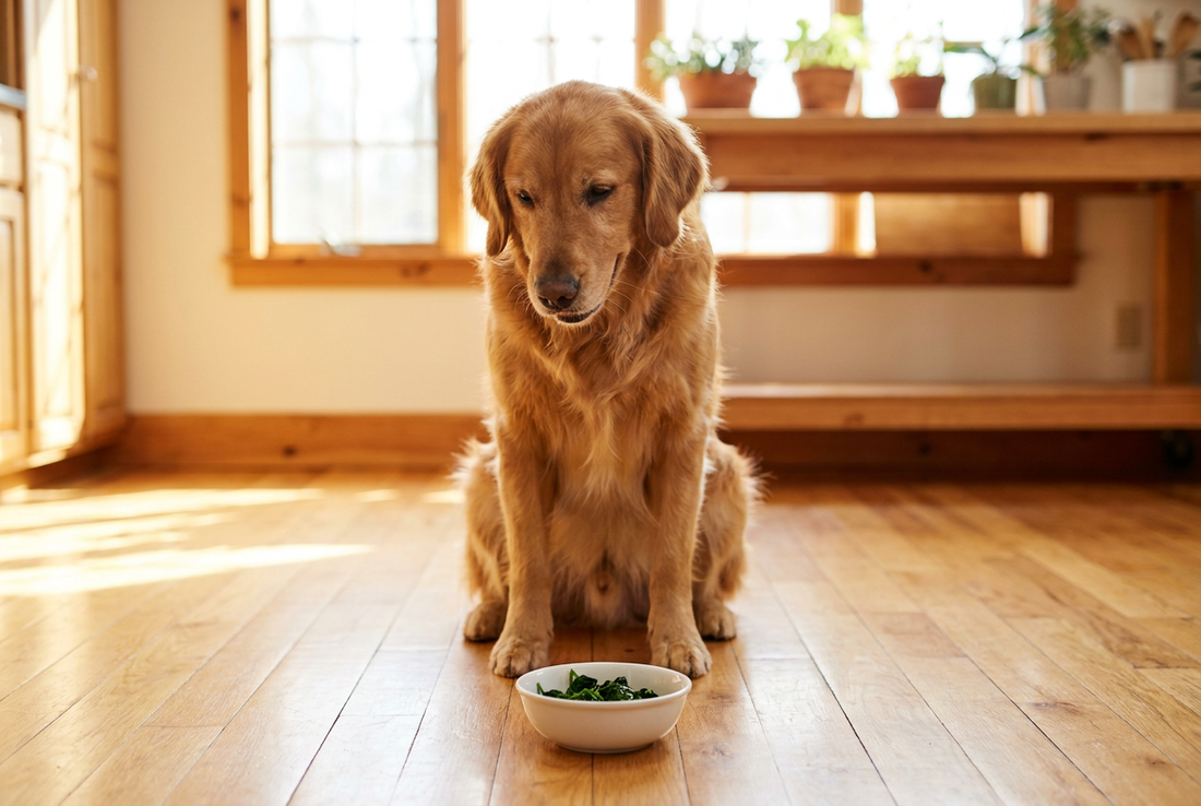 Golden Retriever next to a bowl of cooked spinach in a sunlit kitchen — safe for dogs in small amounts