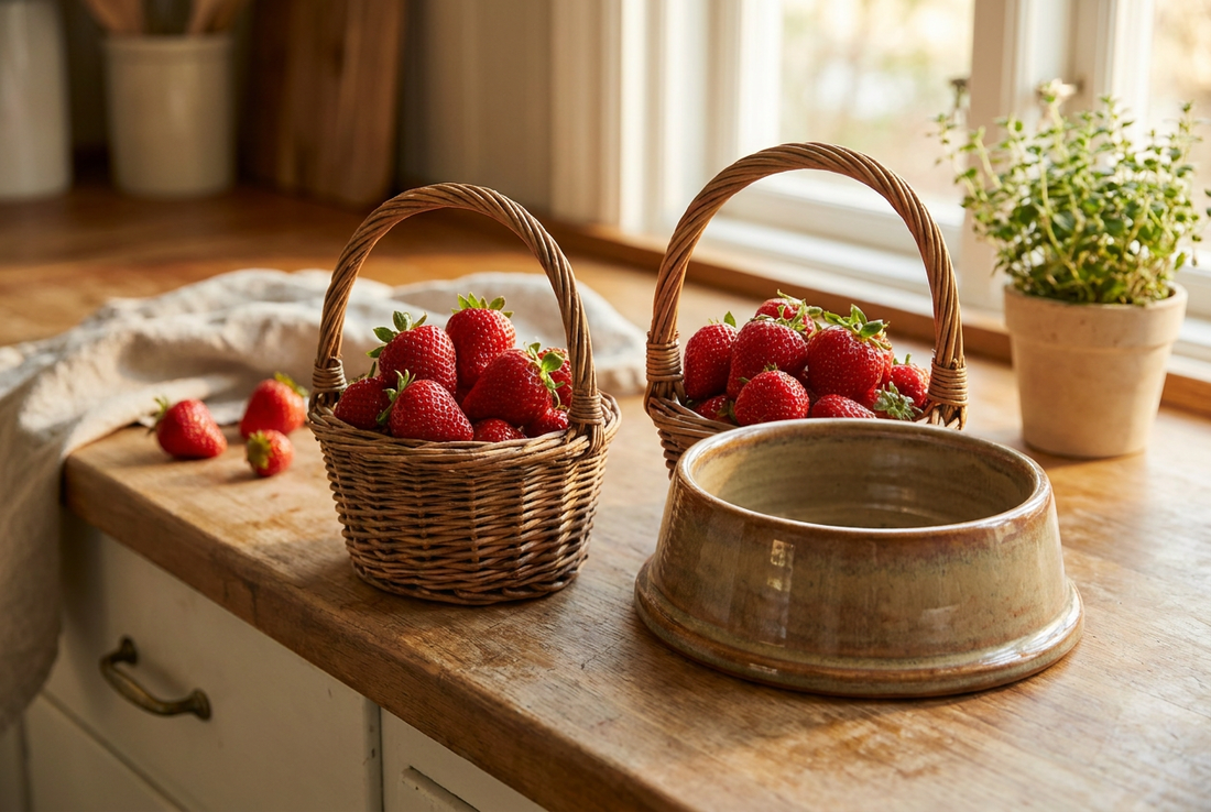 Fresh red strawberries with green tops in a wicker basket beside a small ceramic dog bowl — strawberries are safe and beneficial for dogs in moderation