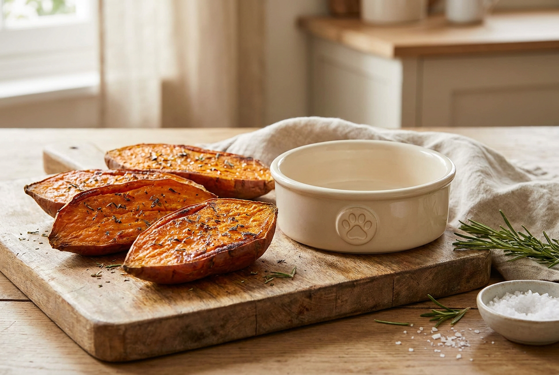 Cooked sweet potatoes on a wooden cutting board beside a small ceramic dog bowl — sweet potatoes are safe and nutritious for dogs when cooked plain