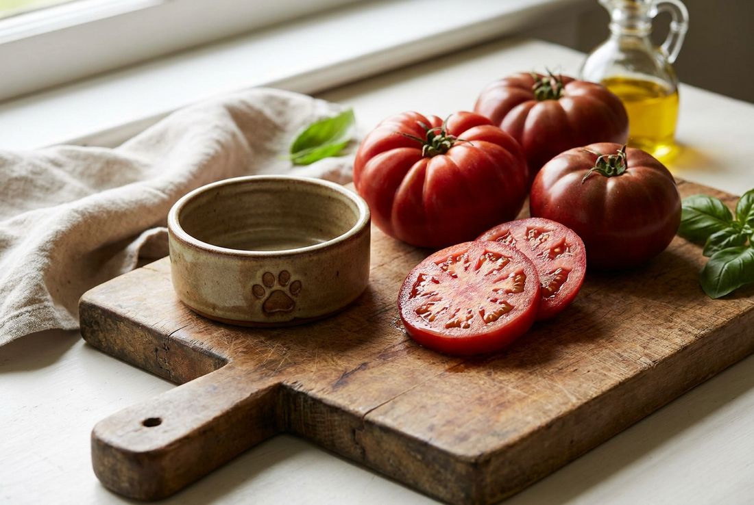 Fresh ripe red tomatoes on a wooden cutting board beside a small ceramic dog bowl — ripe tomato flesh is safe for dogs in moderation