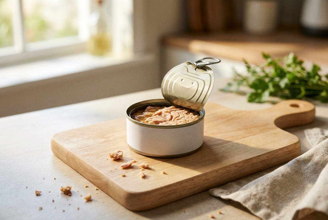 Canned tuna on a wooden board in natural daylight — safe only in small amounts occasionally due to mercury