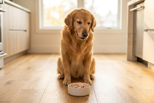 Golden Retriever next to a bowl of cooked turkey in a sunlit kitchen — a lean protein, boneless and unseasoned